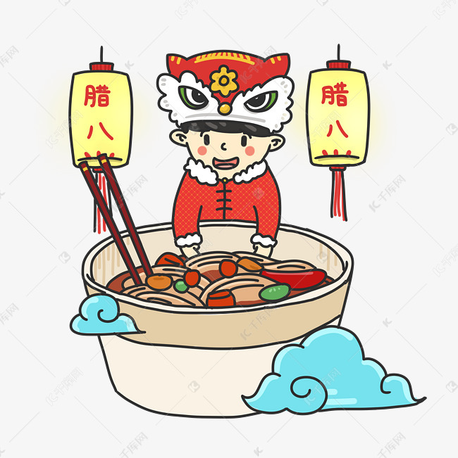 手绘小孩子腊八节吃面插画