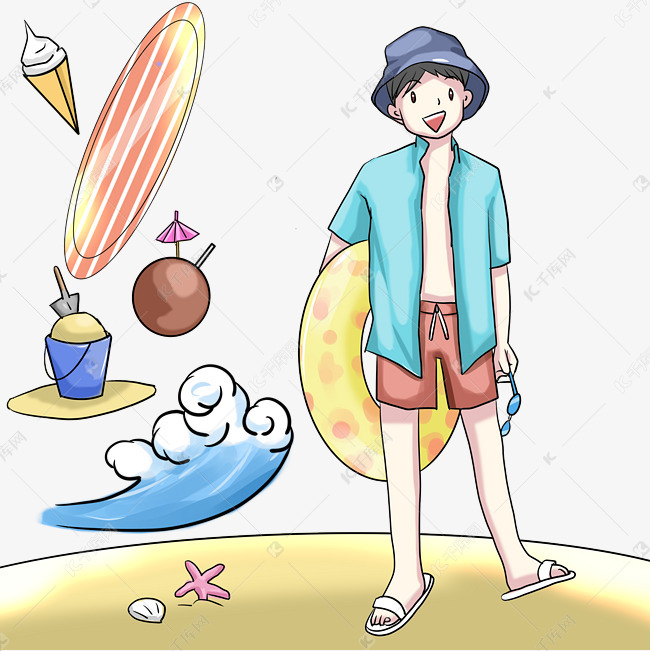 沙滩男孩旅游手绘插画