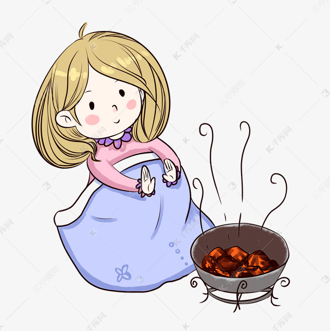 冬天烤火取暖的小女孩