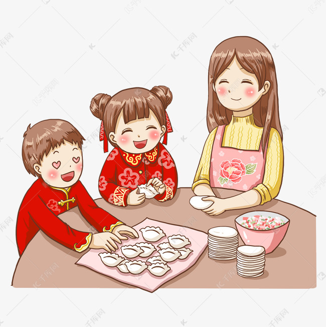 2019年过年新年妈妈孩子们包饺子其乐融融素材图片