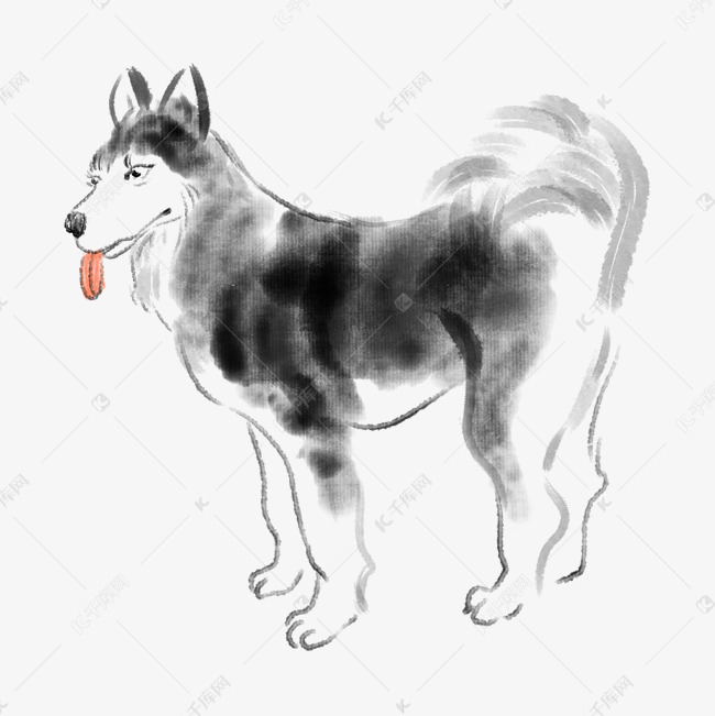 憨厚吐舌头的小狗水墨画