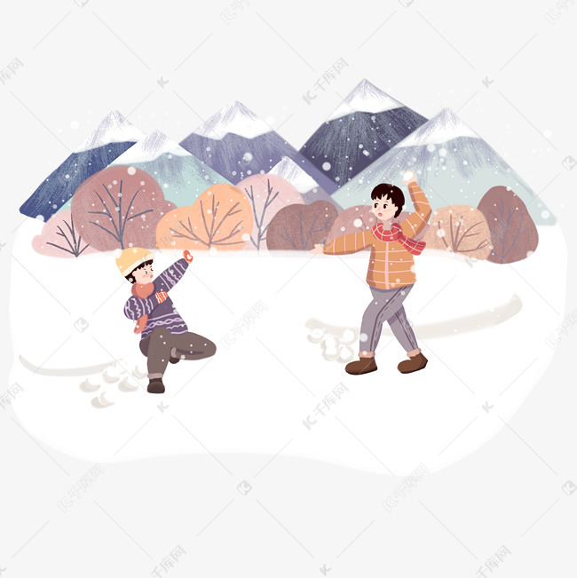 冬季雪景打雪仗手绘插画