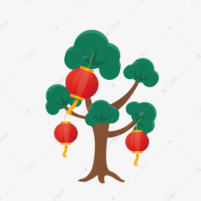 矢量手绘卡通树木灯笼