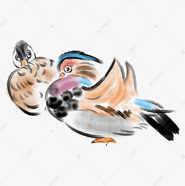 手绘水墨鸳鸯插画