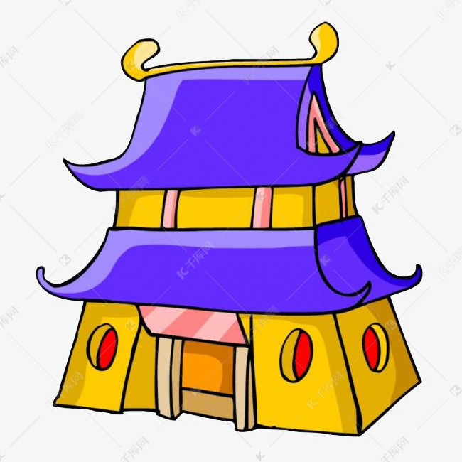 彩色卡通寺庙的素材免抠圆形窗户蓝色屋顶黄色房屋卡通寺庙庙宇粉色
