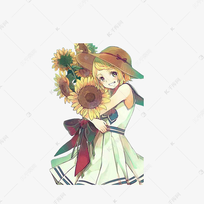抱着向日葵的动漫女孩的素材免抠捧着花的女孩向日葵开心女孩卡通动漫