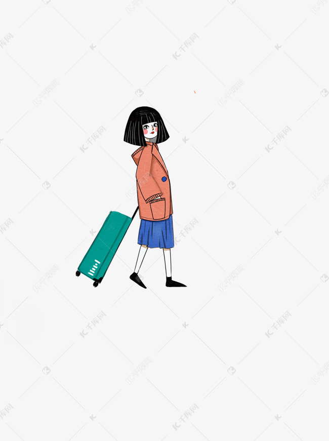 旅游日独自旅行拉行李箱的休闲卡
