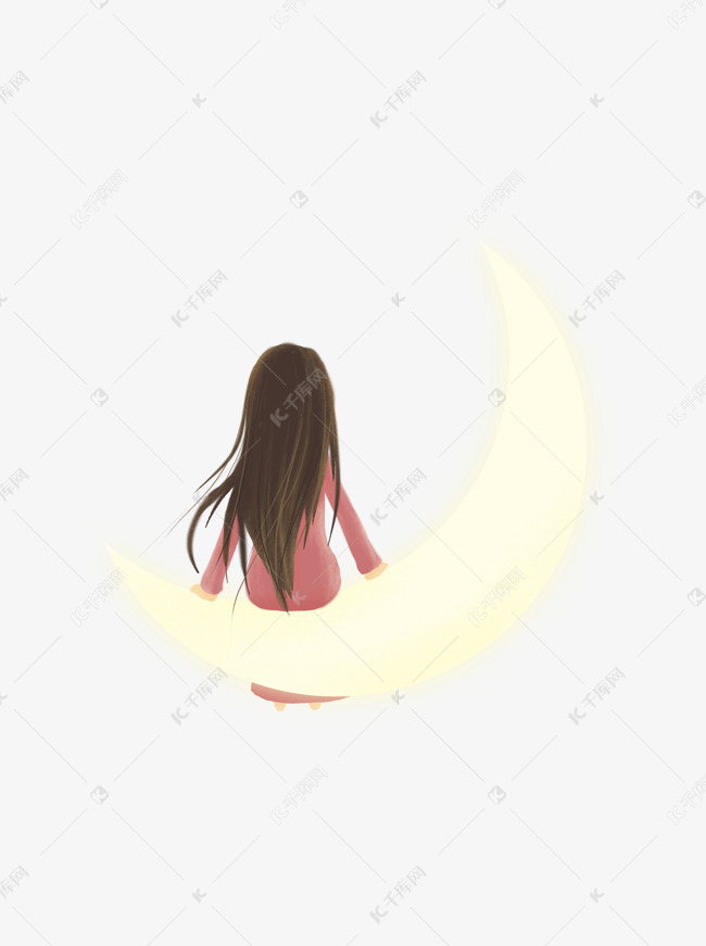 卡通长发女孩坐在月亮上元素