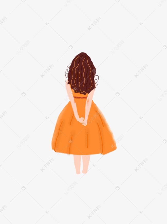 黄色长裙背手长发卡通女孩元素