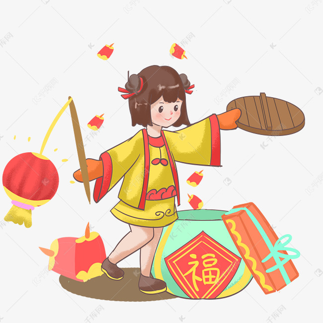 新年小女孩送福灯笼手绘插画