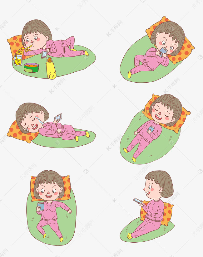 卡通手绘人物躺着玩手机女孩系列