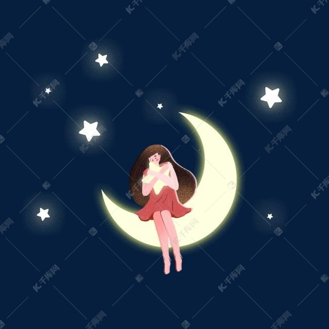 卡通月亮上的女孩创意插画