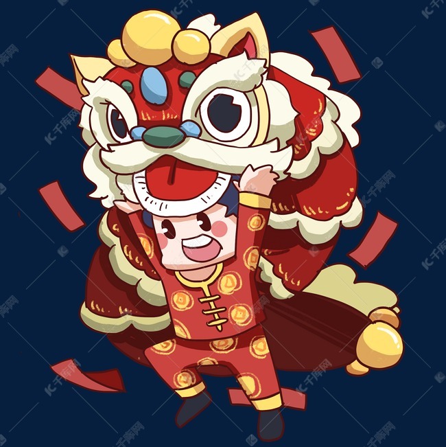 手绘新年舞狮插画