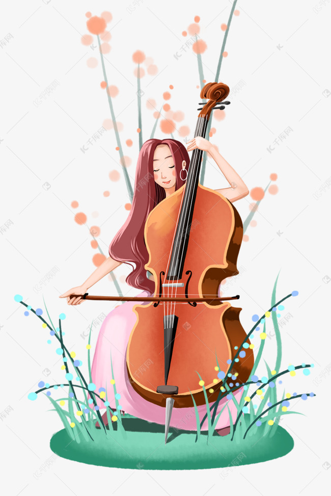 拉大提琴的少女小清新插画