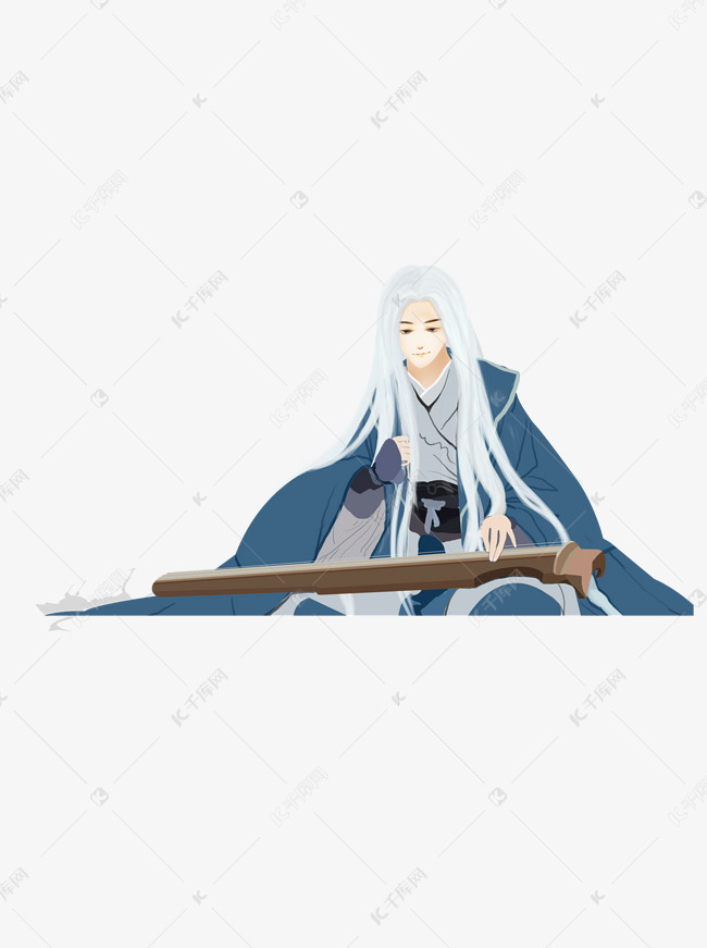 弹琴的白发古代男子卡通元素