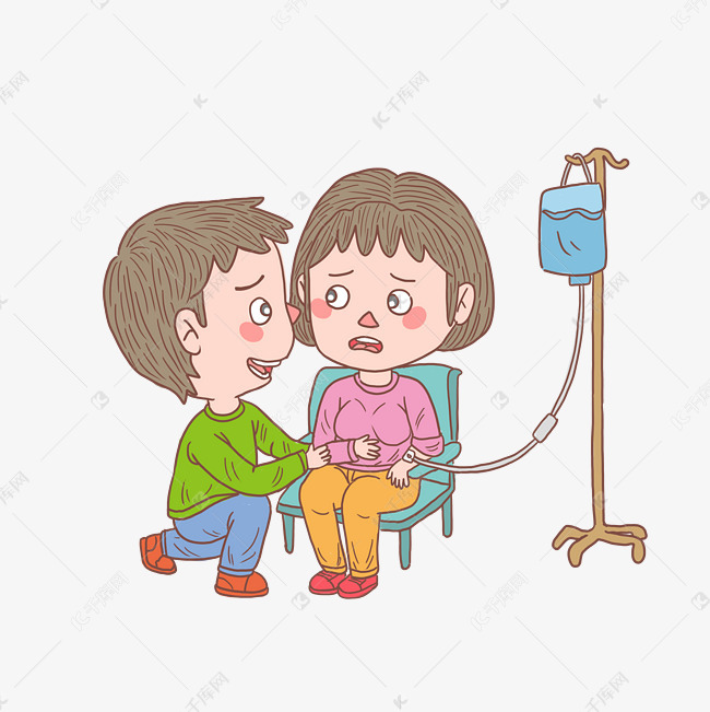 卡通手绘人物生病打吊瓶情侣