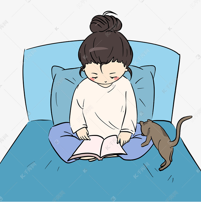 宅在家的小女孩在看书手绘插画