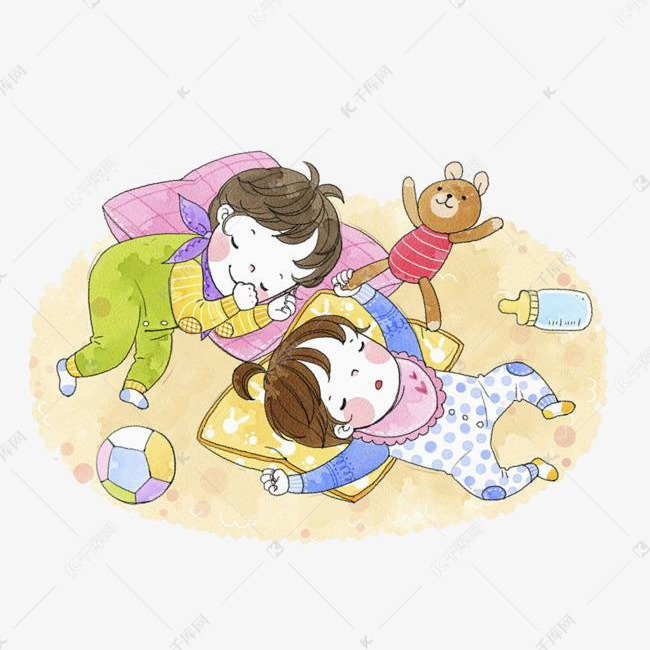 睡觉的两个小孩的素材免抠婴儿小孩卡通手绘睡觉睡眠进入梦乡