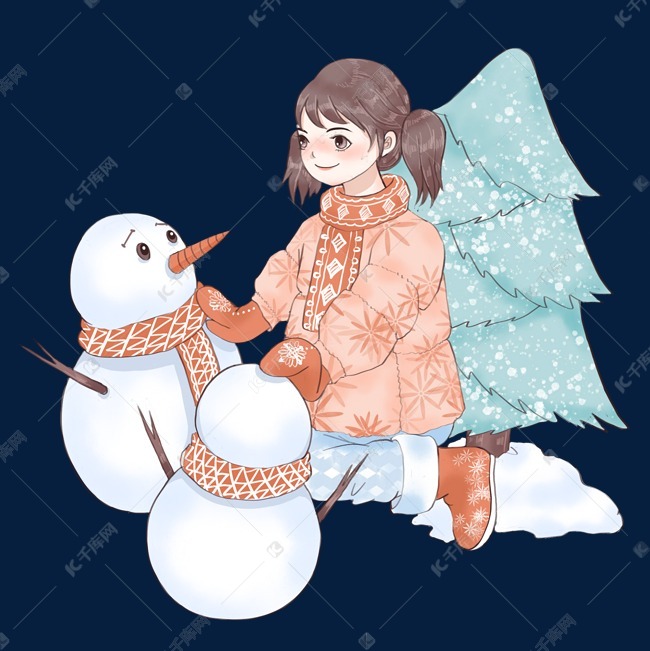 推雪人的小姑娘插画