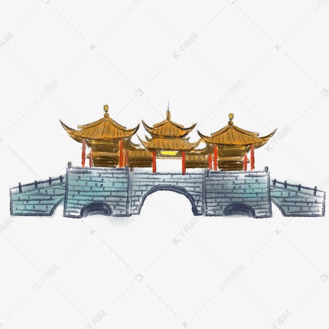 手绘扬州地标建筑