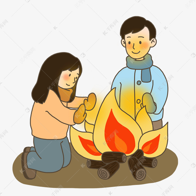 冬季烤火取暖手绘插画免抠元素下载