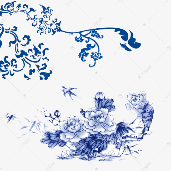 卡通青花瓷牡丹花纹