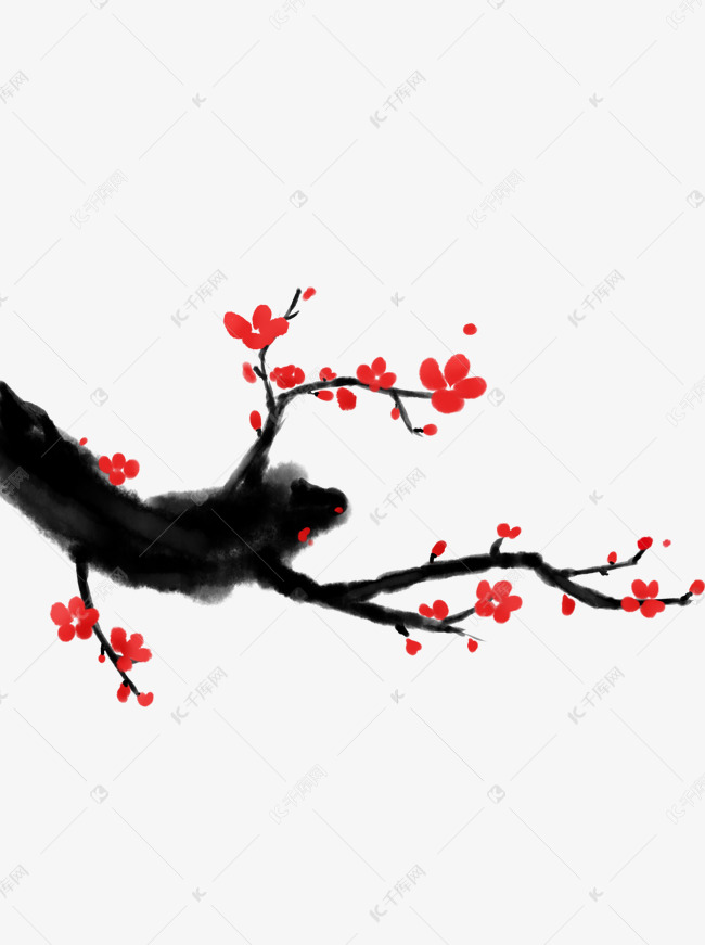手绘简约梅花水墨植物黑色古典中国风古风素材图片-千