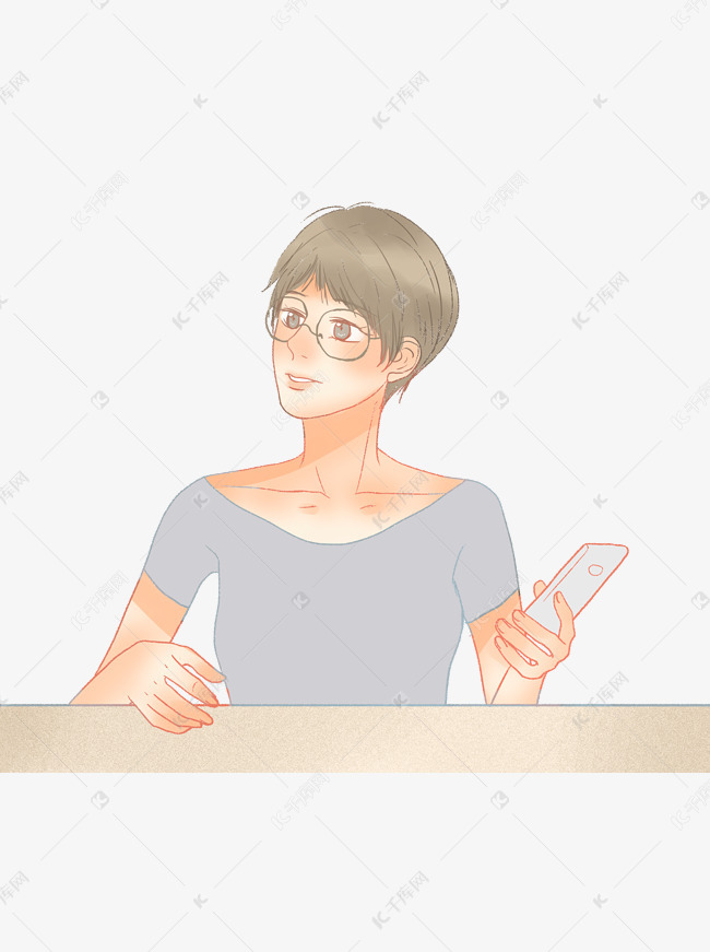 坐在桌前的短发拿手机的卡通女子
