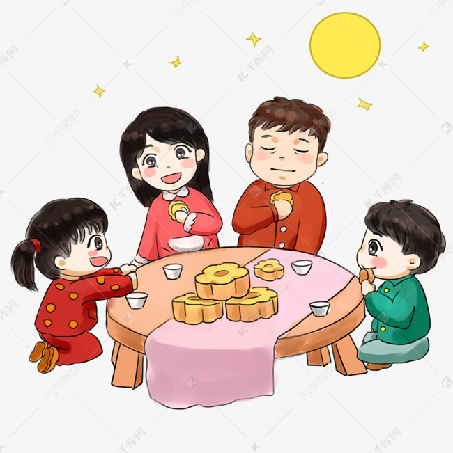 中秋节卡通手绘q版全家团圆迎中