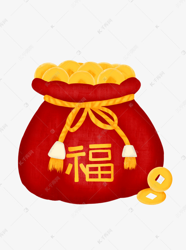 手绘新年红色喜庆金钱福袋中国风
