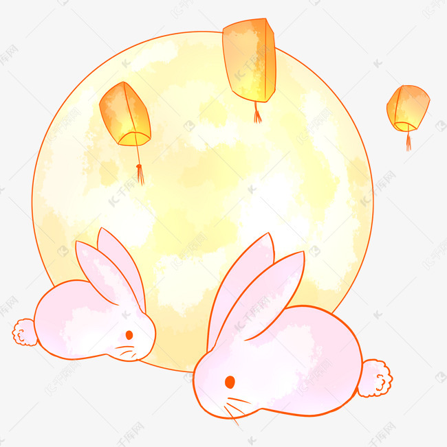 手绘月圆花灯兔子插画
