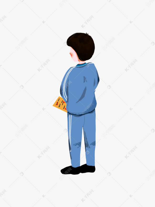手绘卡通穿校服运动衣背书的男学