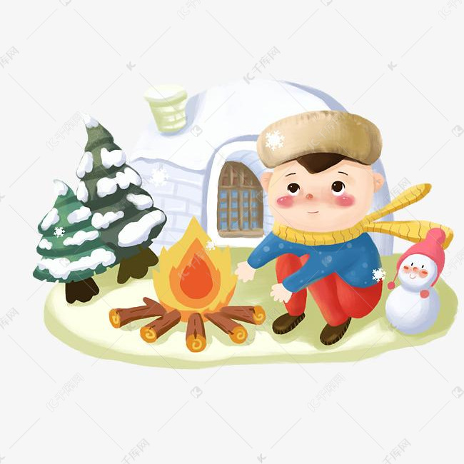 冬天野外烤火的小男孩