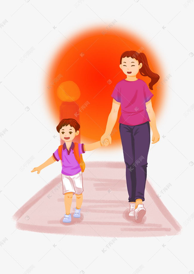 卡通夕阳下妈妈接孩子回家千库原创