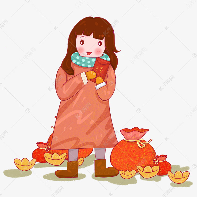 手绘新年卡通收获红包的小女孩