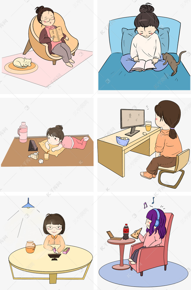 宅在家的小女孩手绘插画