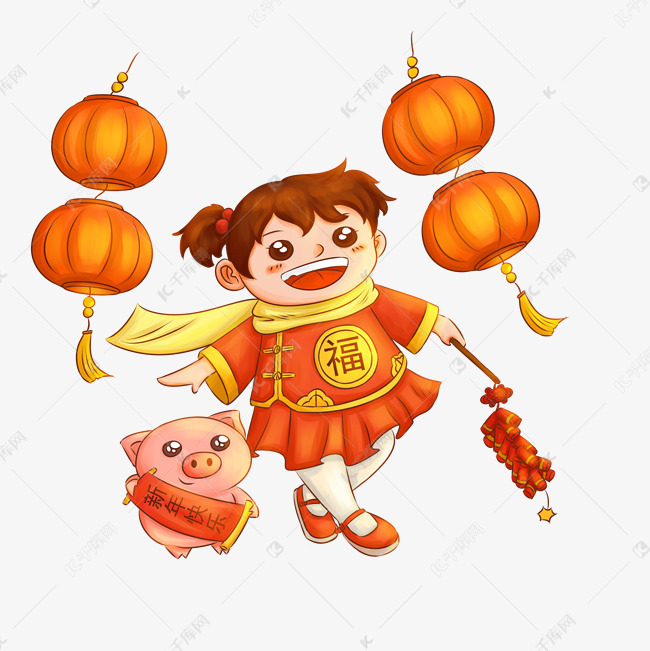 春节女孩过新年插画