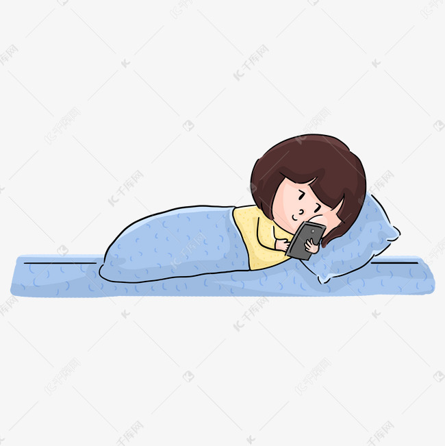 女子躺床上玩手机漫画手绘插画p