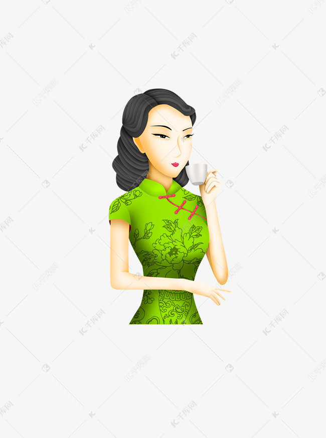穿绿色旗袍喝咖啡的优雅女人卡通