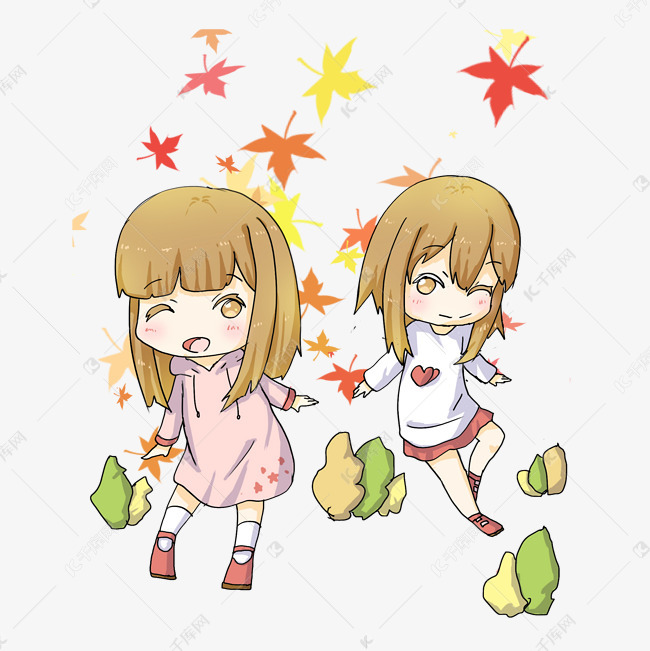 秋季主题两个卡通女孩手绘插画