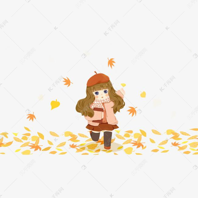 秋天落叶中的女孩手绘插画