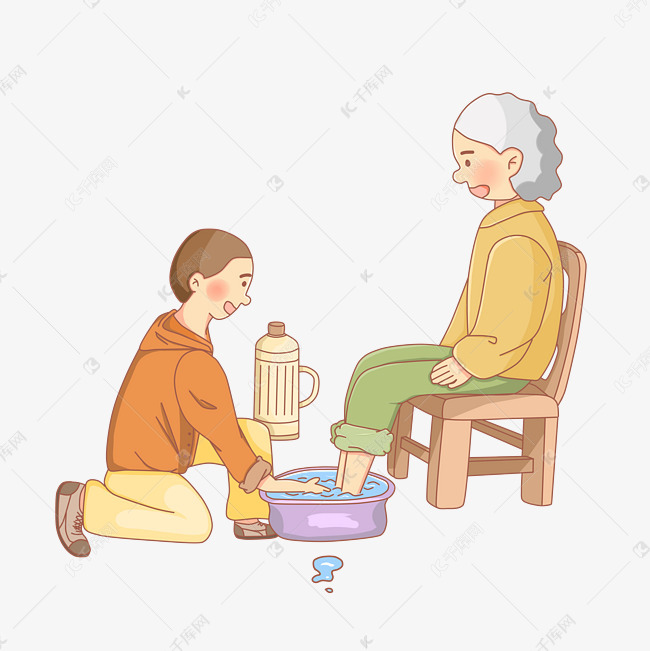 重阳重阳节暖色黄色老人子女洗脚泡脚卡通手绘免扣-千