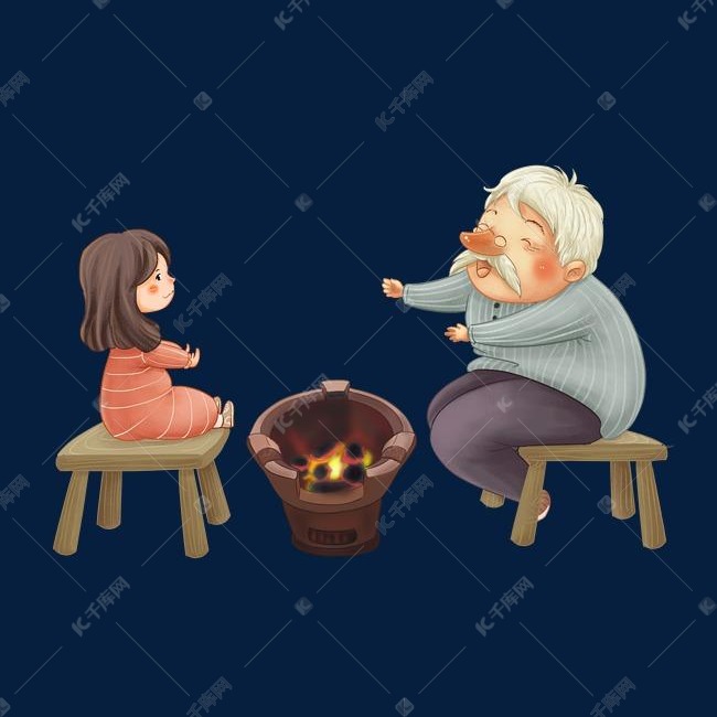冬天里爷爷小女孩火炉边取暖
