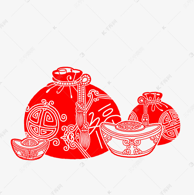 手绘红色剪纸元宝插画
