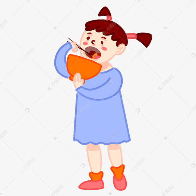 手绘卡通可爱小清新女孩吃肉贴秋