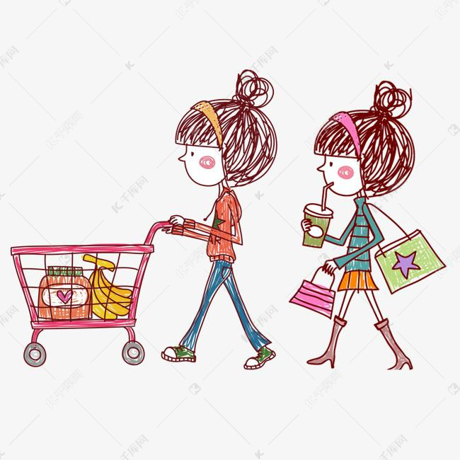 卡通购物女孩的素材免抠购物超市购物购物车卡通女孩逛街购物女孩