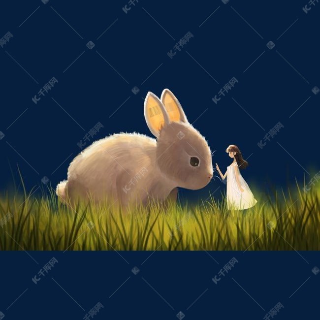 兔子与女孩梦幻手绘插画