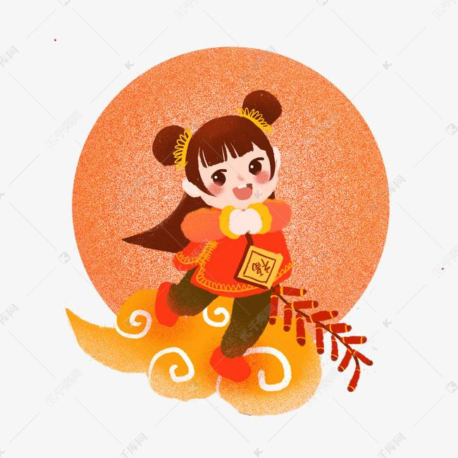 春节鞭炮手绘可爱女生拿卡通女孩踩祥云a鞭炮拜揉蛋福字图片