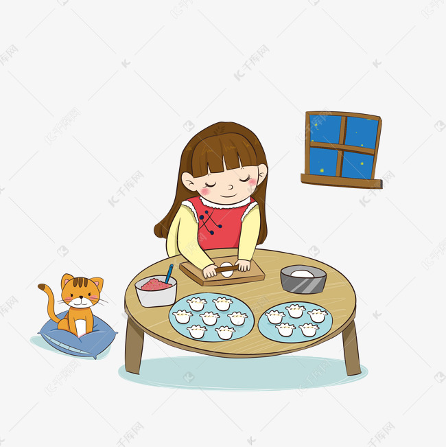 手绘新年包饺子插画