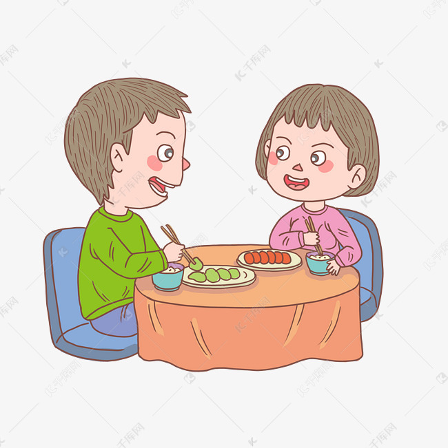 卡通手绘人物夫妻日常吃饭